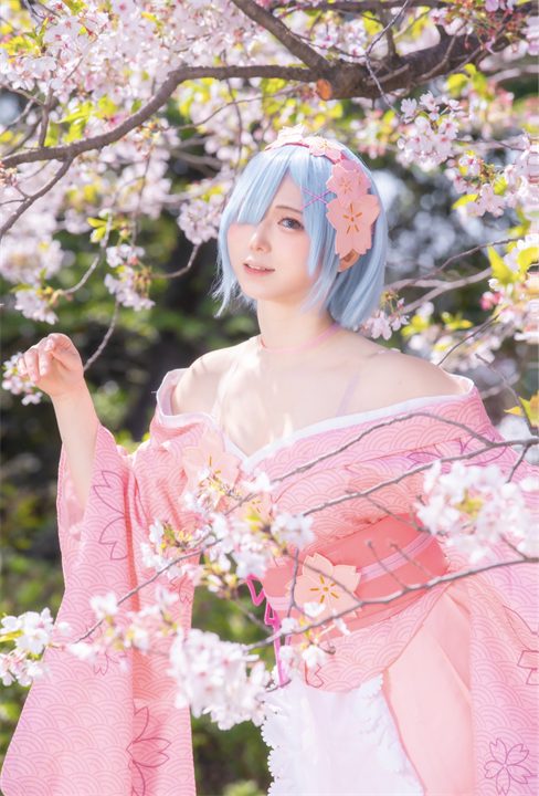 桜の下でピンクの和装に身を包むぷらる